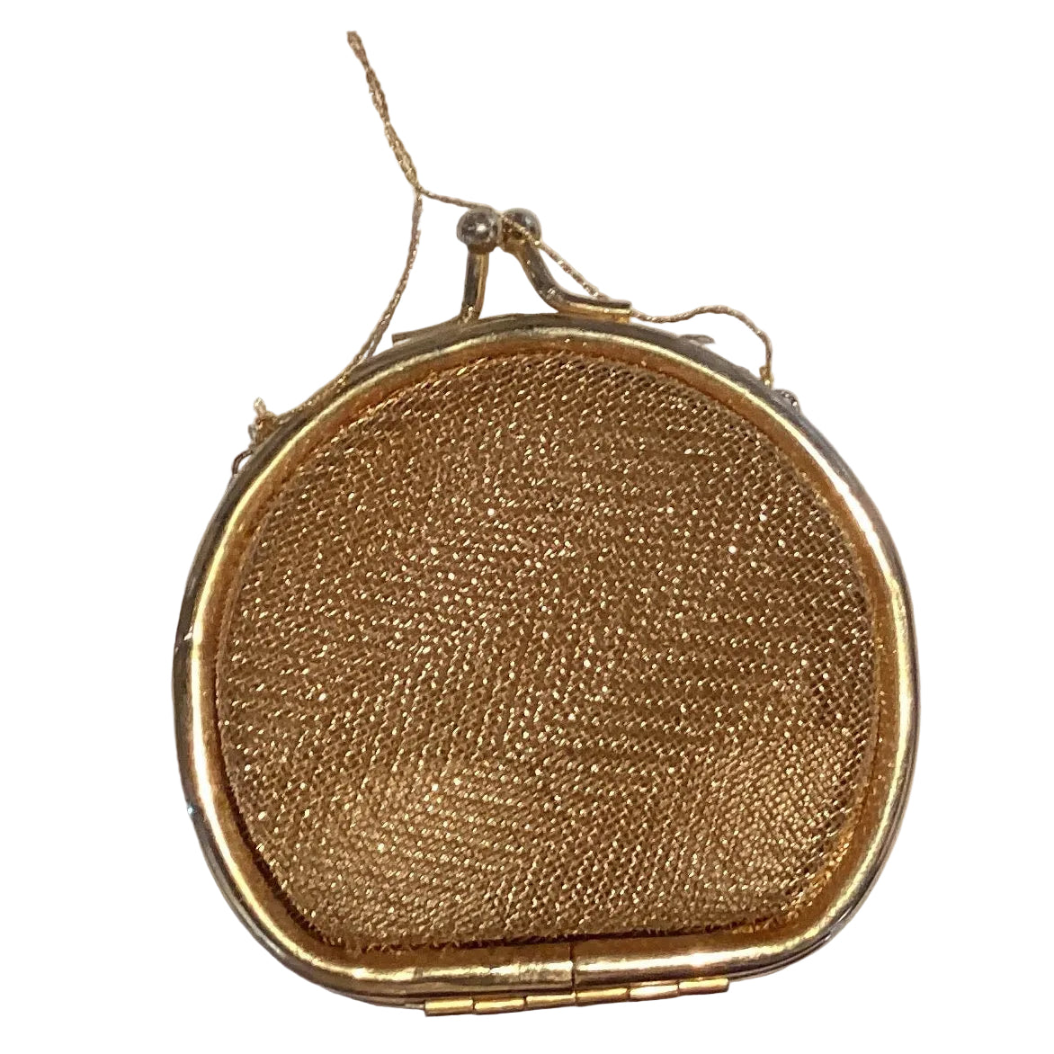 Gold-tone mesh coin purse, vintage 3-inch size made in Italy, from Ysleta Mission Gift Shop, ideal for vintage collectibles.