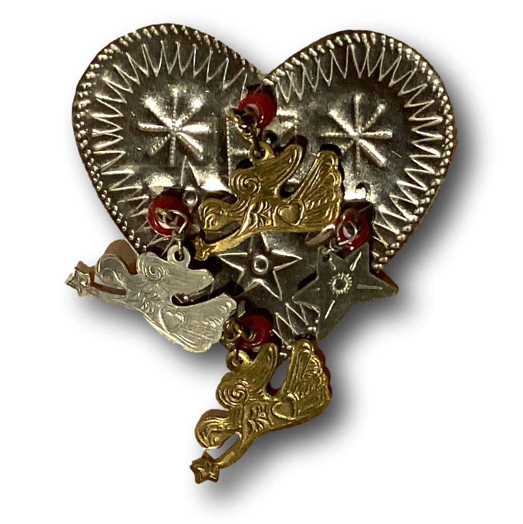 Heart-shaped brooch with dangling star and angel charms, 2.5 inches, jewelry and accessories by Ysleta Mission Gift Shop.