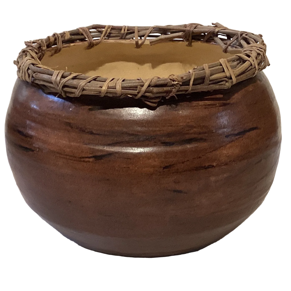 Handmade 5-inch clay planter from Ysleta Mission Gift Shop, rustic home and garden decor with natural earthy tones.