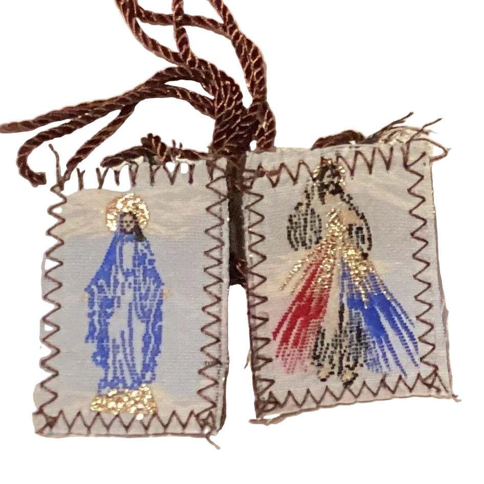 Brown and white wool Sacred Heart and Immaculate Conception scapular with brown thread, Catholic Christian gift accessory.