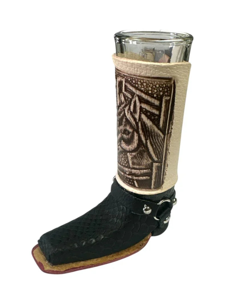 Handcrafted Real Leather Boot Shot Glass | Assorted Styles – 6" Removable Glass Insert - Ysleta Mission Gift Shop