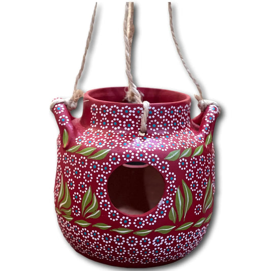 Decorative Hanging Clay Pot – Hand-Painted Floral Folk Art
