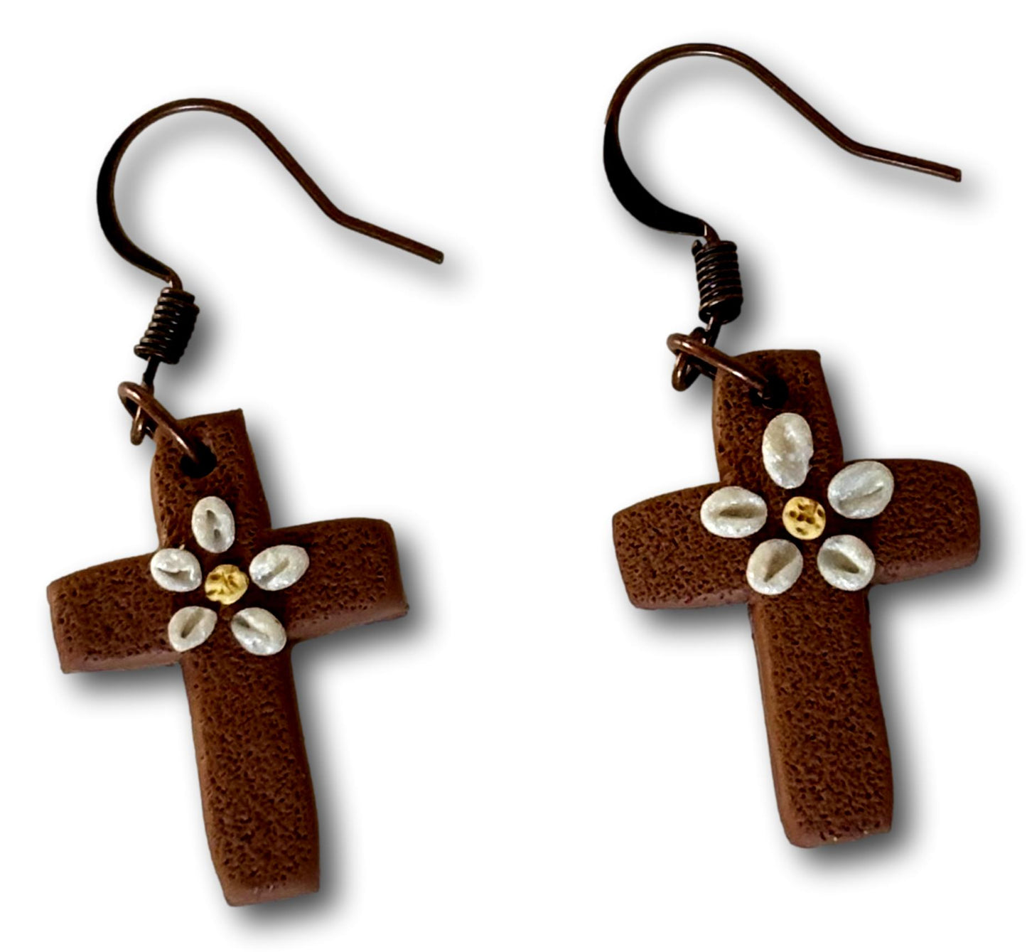 Daisy Cross Polymer Clay Dangle Earrings – 1.5"x1" with Nickel-Free Brass Hooks