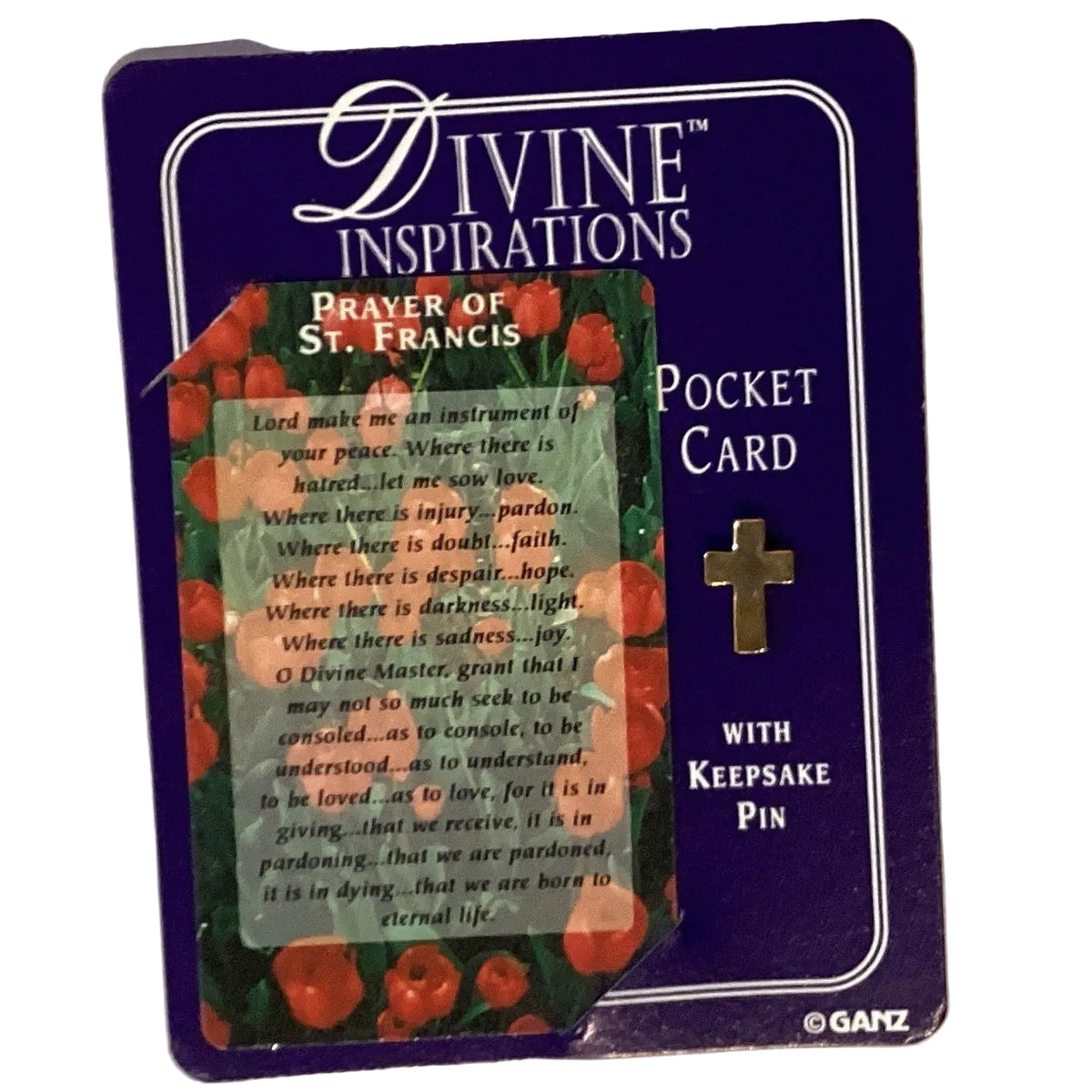 Divine Inspirations pocket prayer card with keepsake pin, Catholic Christian jewelry and devotional accessory featuring faith symbols.