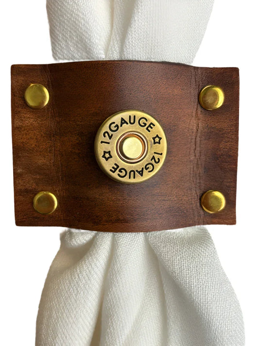 Double-Sided Brown Leather Scarf Slide- Gold Gauze Concho with Floral Design- 2 x 3 Size - Ysleta Mission Gift Shop
