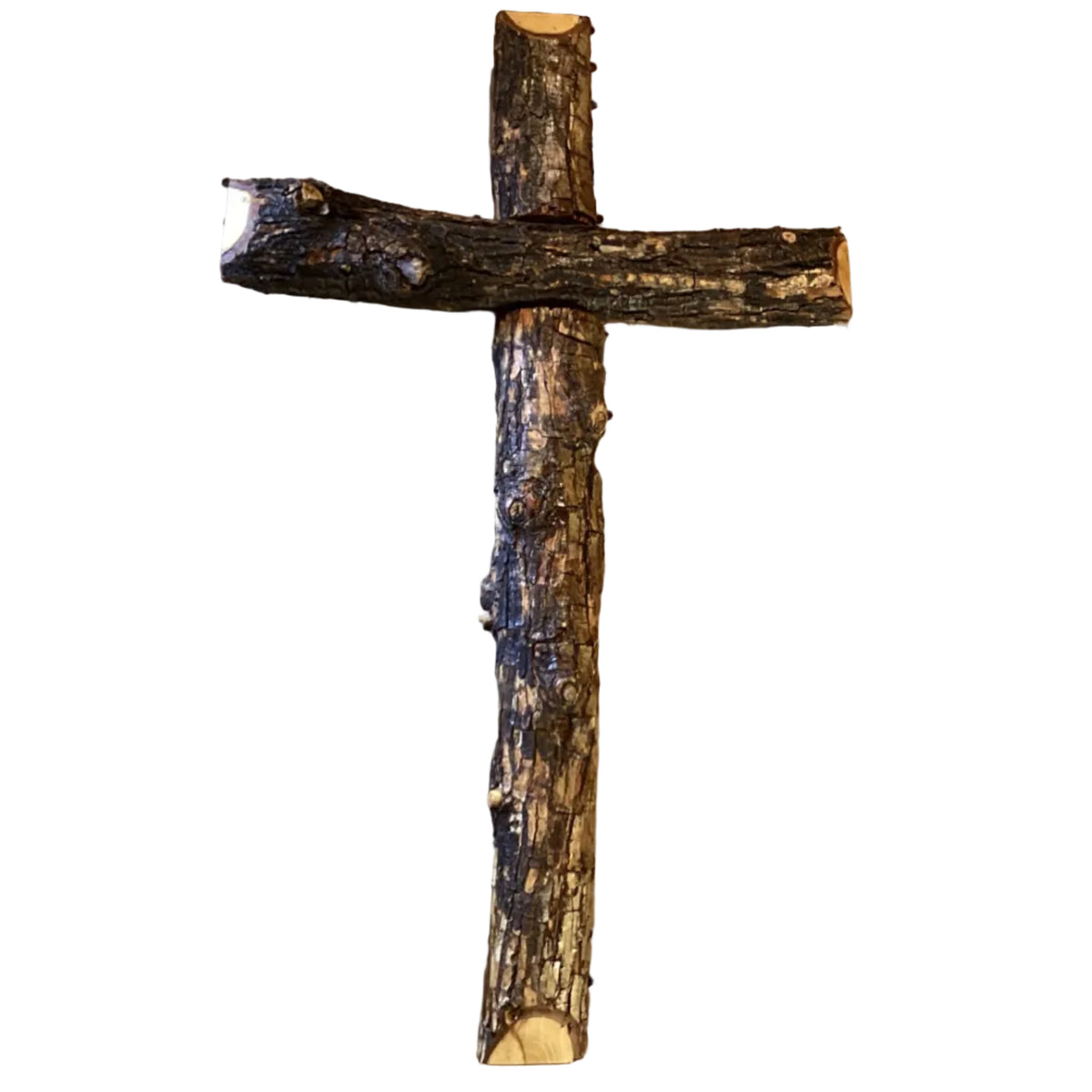 Handmade live edge pecan wood Christian cross with rustic finish, ideal for Catholic or Christian wall decor.