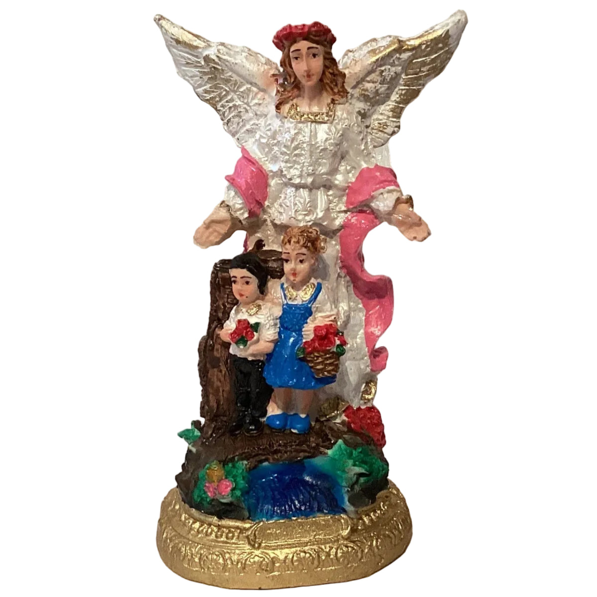 Resin guardian angel statue watching over children, Catholic Christian Saint statue, 6 and 8 inches, detailed religious decor.