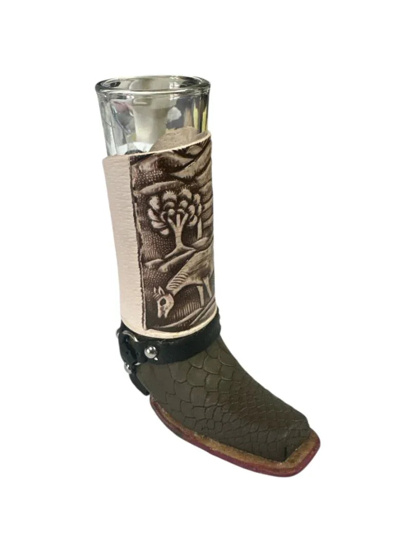 Handcrafted Real Leather Boot Shot Glass | Assorted Styles – 6" Removable Glass Insert - Ysleta Mission Gift Shop