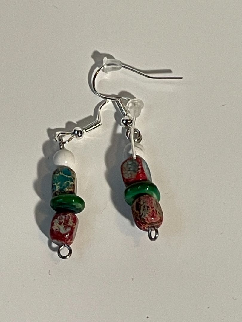 Square Imperial Pine Beads with White Turquoise Earrings, Silver Hook, 1-Inch Dangle