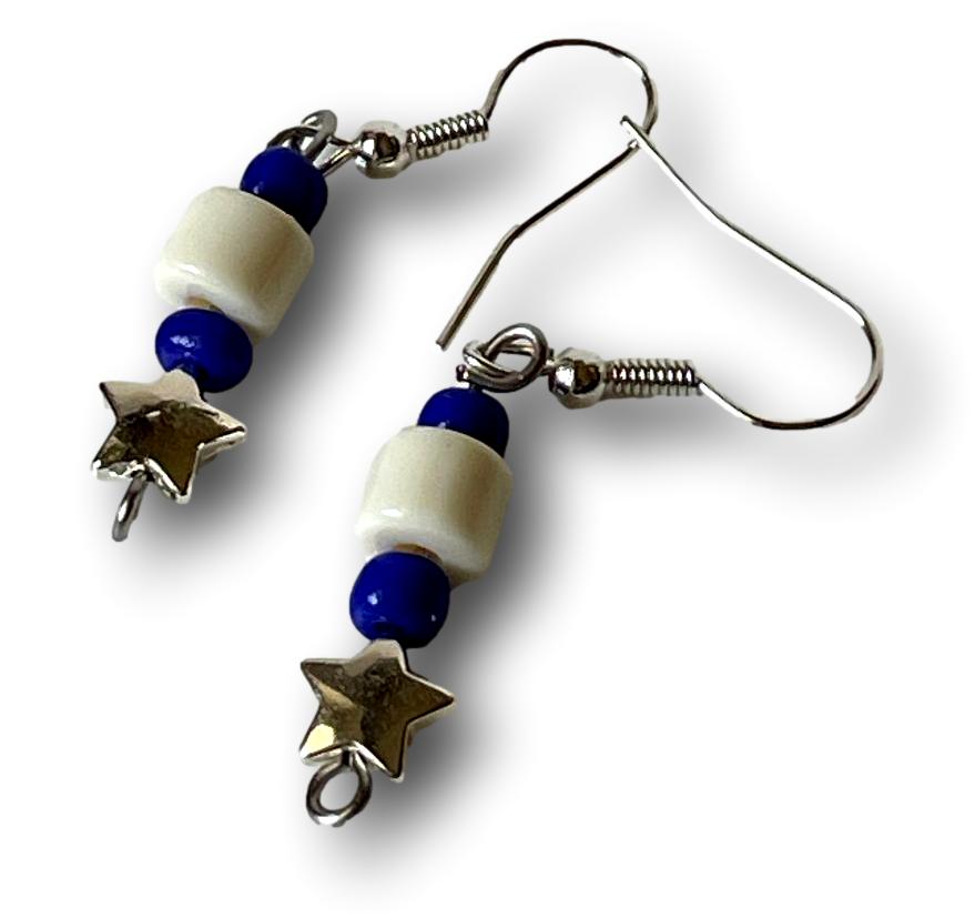 White Acrylic Cylinder Bead Earrings with Blue Seed Beads and Silver Star Charms, 1-Inch Dangle - Ysleta Mission Gift Shop