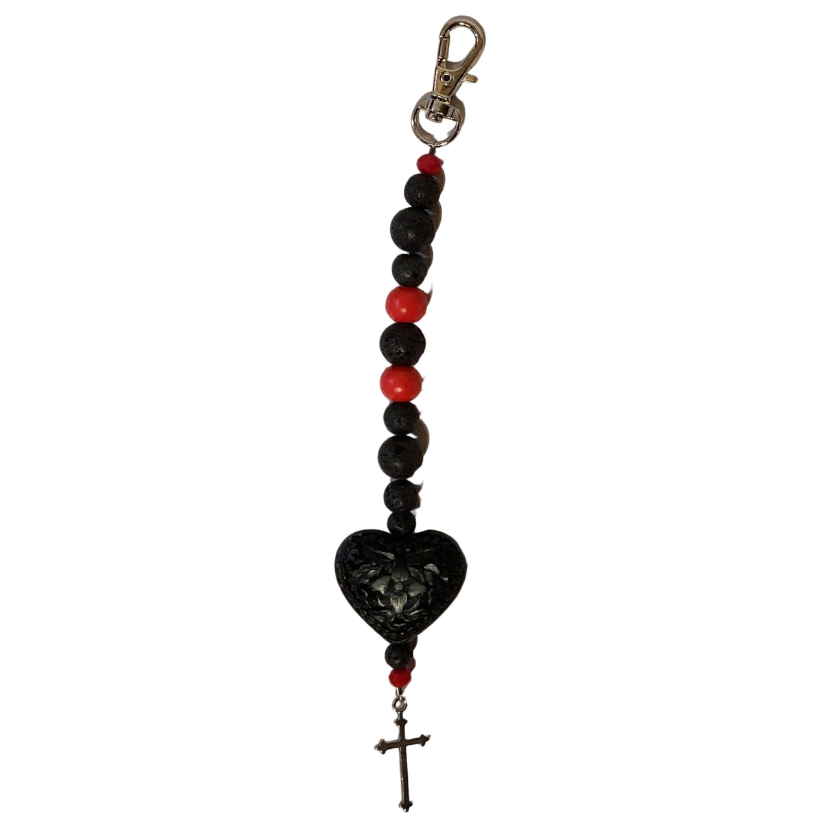 Handmade beaded keychain with glass gemstone and lava rock beads, featuring colorful accents, 6-inch length, from Ysleta Mission Gift Shop.