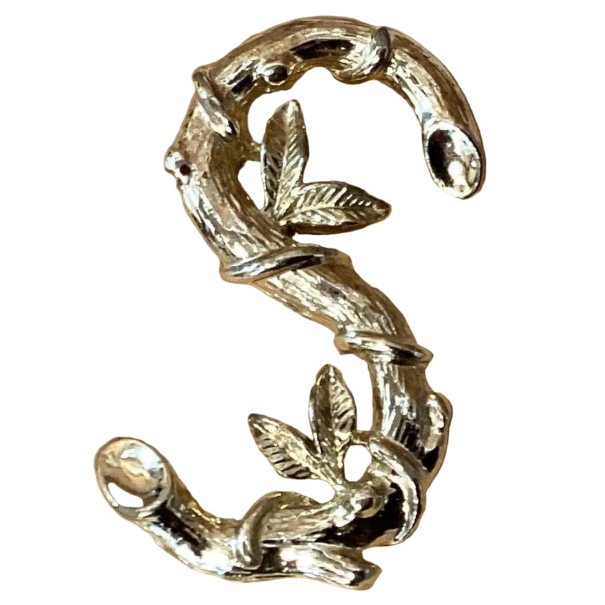 Silver "S" initial brooch with Christian religious design, 1.75 inches, crafted by Ysleta Mission Gift Shop, suitable for Catholic jewelry.