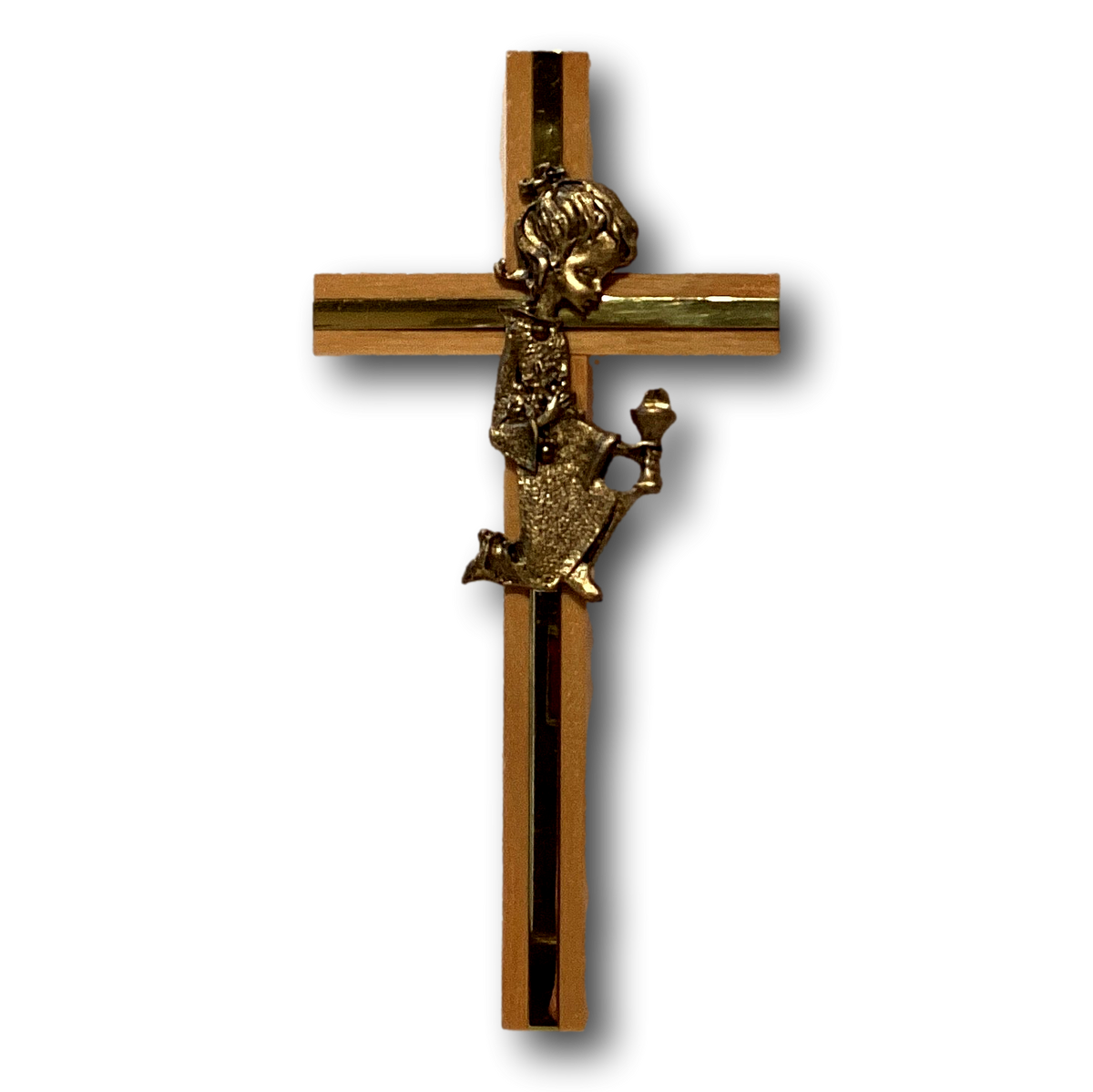 First Communion girl brass cross on wooden base, Catholic Christian crucifix, religious gift, detailed brass cross with wooden stand