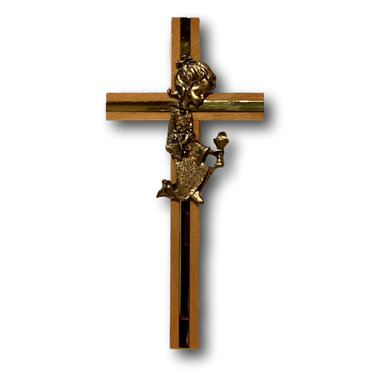 First Communion girl brass cross on wooden base, Catholic Christian crucifix, religious gift, detailed brass cross with wooden stand