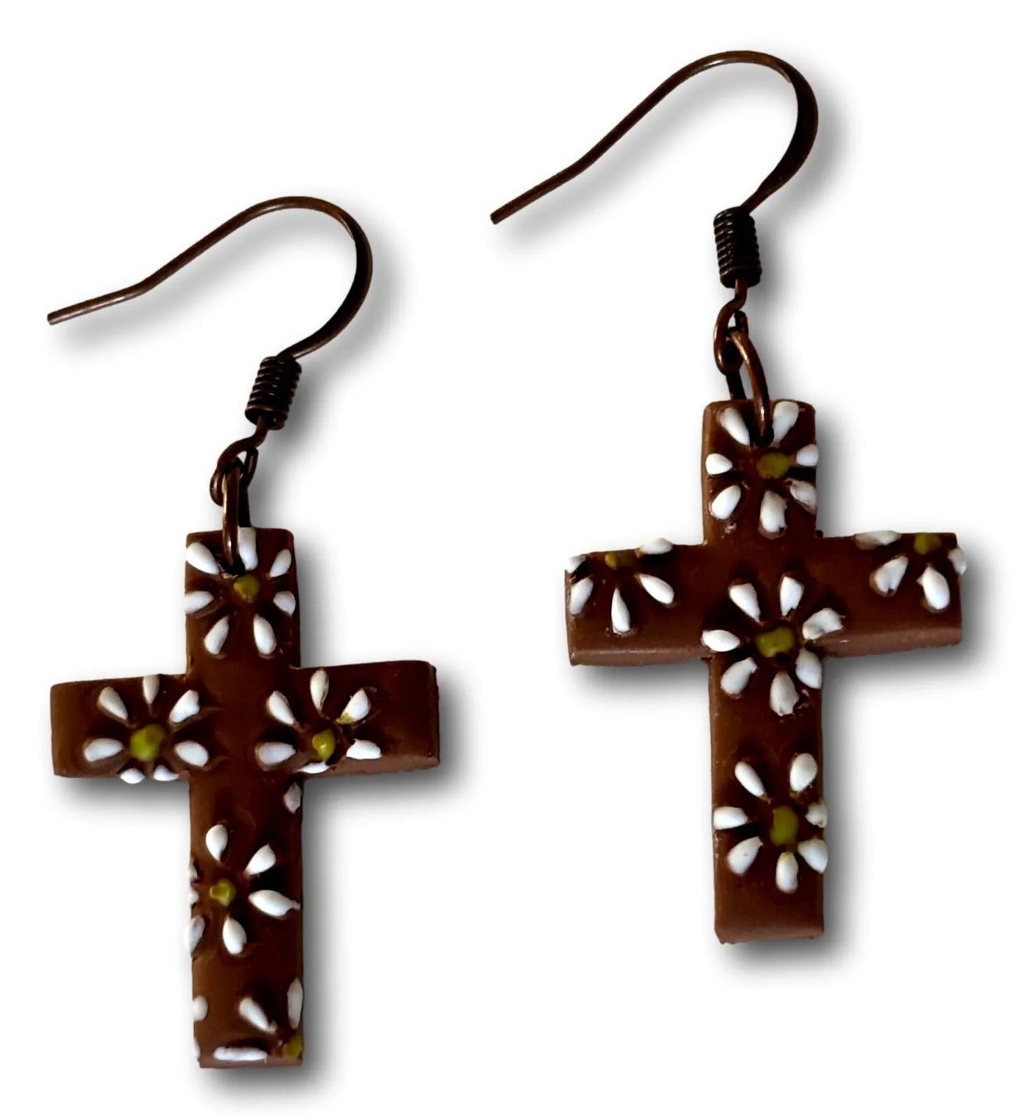 Floral Cross Polymer Clay Dangle Earrings – 1.5"x1" with Nickel-Free Brass Hooks - Ysleta Mission Gift Shop