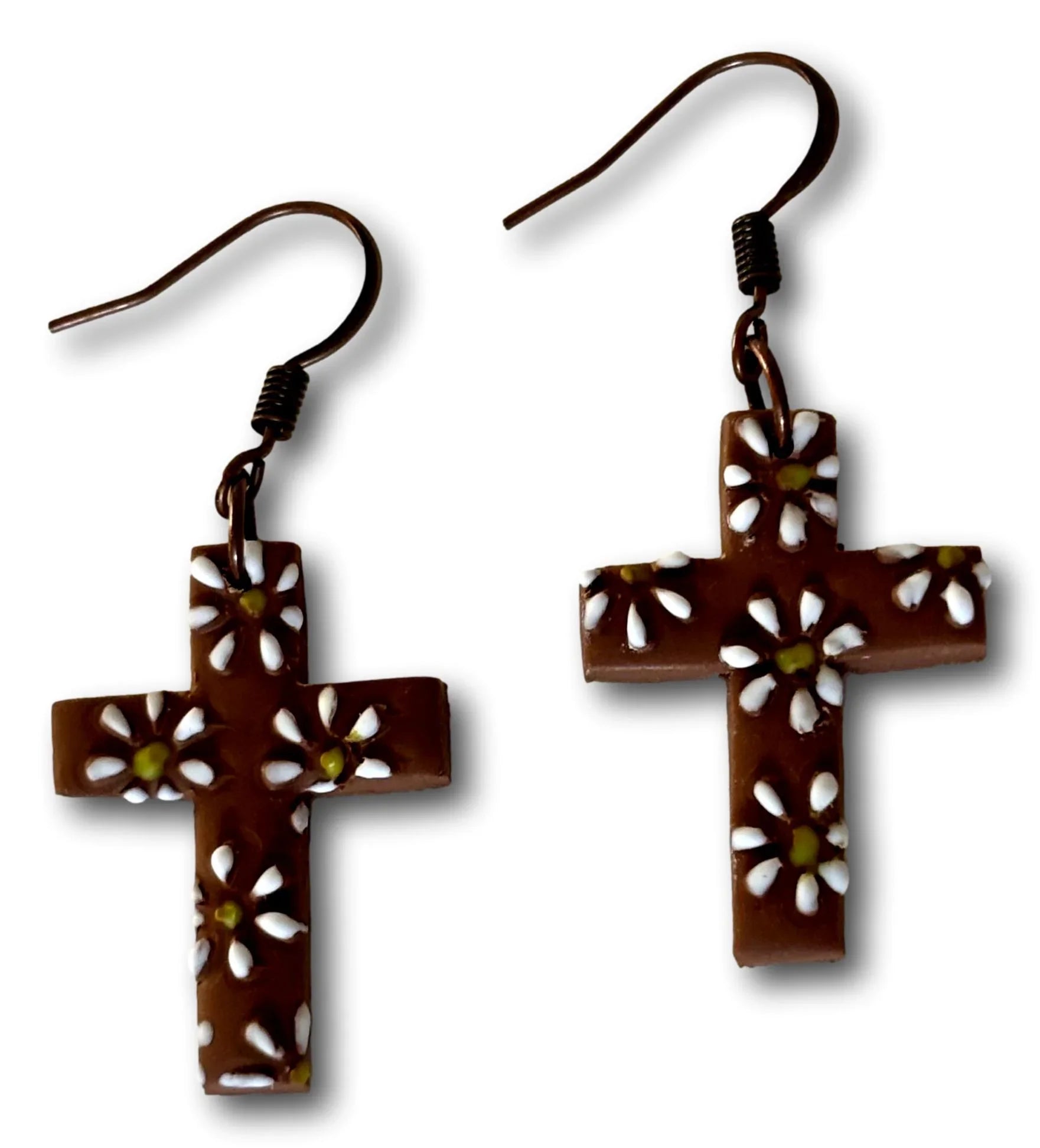 Floral Cross Polymer Clay Dangle Earrings – 1.5"x1" with Nickel-Free Brass Hooks - Ysleta Mission Gift Shop