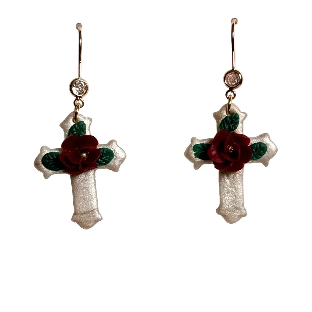 Floral cross polymer clay dangle earrings