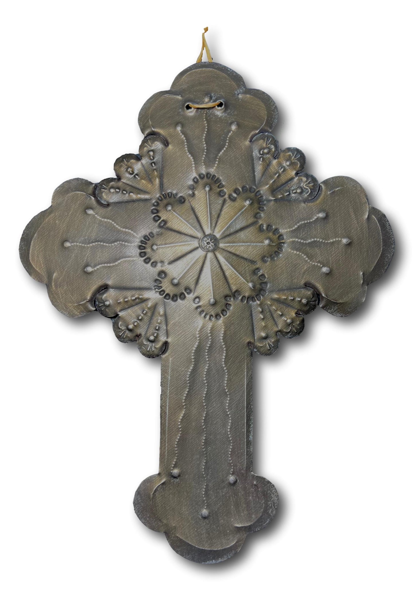Flower Repujado Tin Cross by Jerry Montoya – New Mexico Santero Artist, Wall Art, 9" x 7"