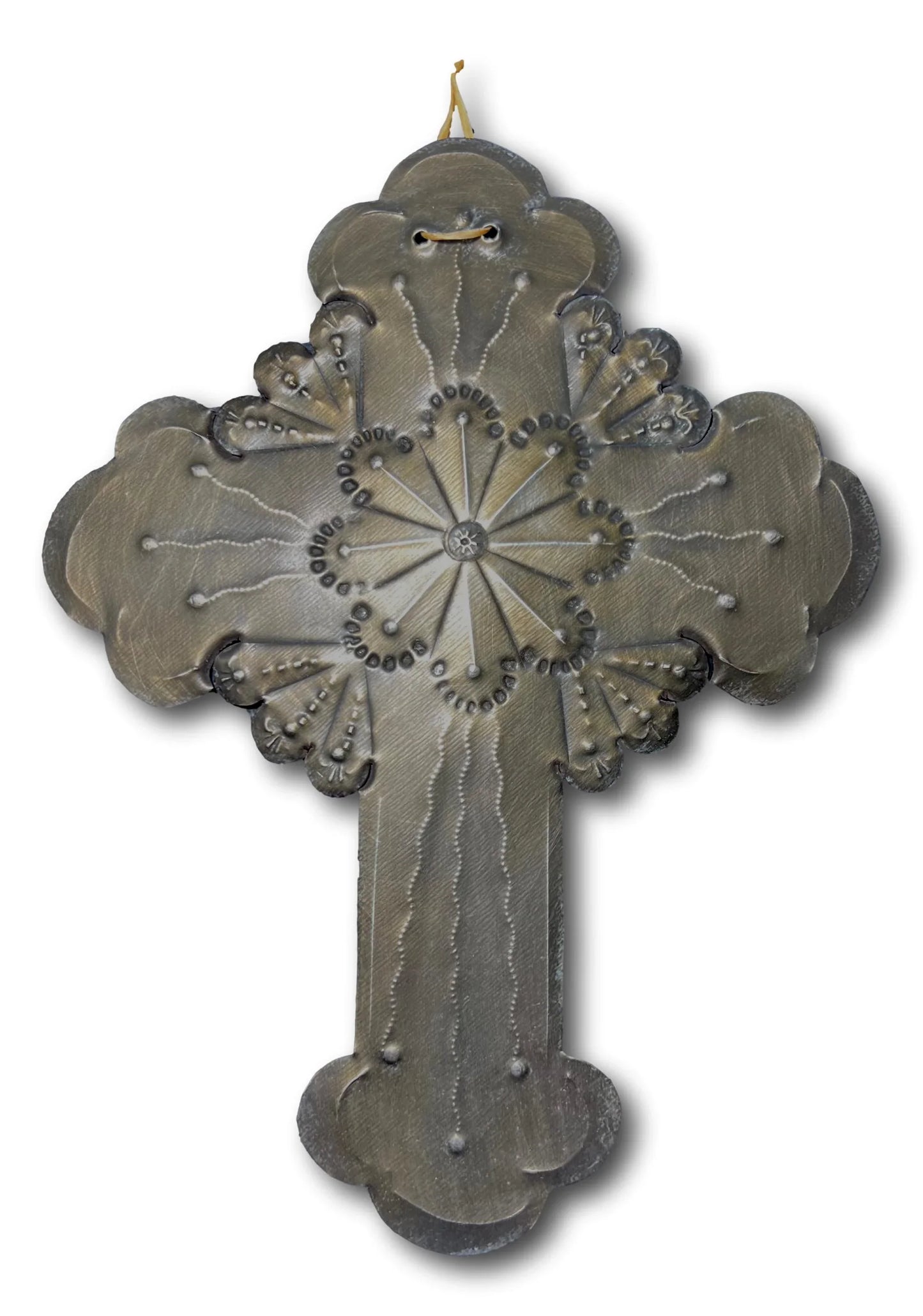 Flower Repujado Tin Cross by Jerry Montoya – New Mexico Santero Artist, Wall Art, 9" x 7" - Ysleta Mission Gift Shop