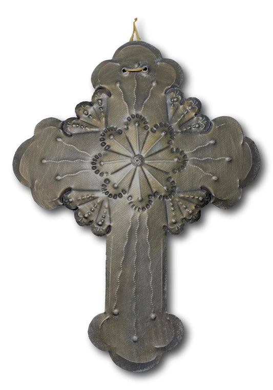 Flower Repujado Tin Cross by Jerry Montoya – New Mexico Santero Artist, Wall Art, 9" x 7" - Ysleta Mission Gift Shop