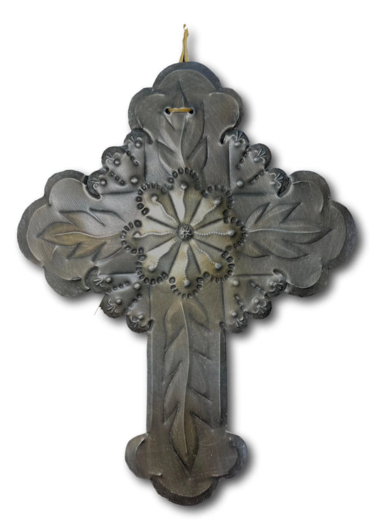 Flower Repujado Tin Cross by Jerry Montoya – New Mexico Santero Artist, Wall Art, 9" x 7" - Ysleta Mission Gift Shop