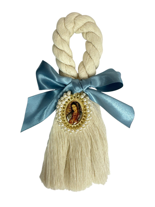 Blue satin bow featuring Our Lady of Guadalupe wall hanging, devotional Catholic ornament, 8.5 inches, by Jose Alberto Chavez.