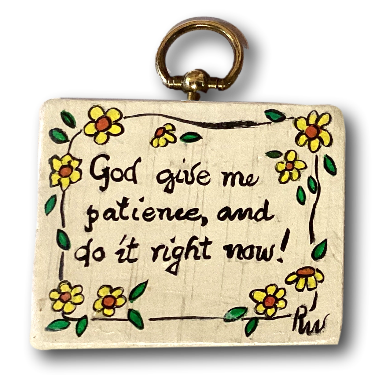 Handcrafted 3-inch wood plaque with "God Give Me Patience" Christian devotional message from Ysleta Mission Gift Shop.