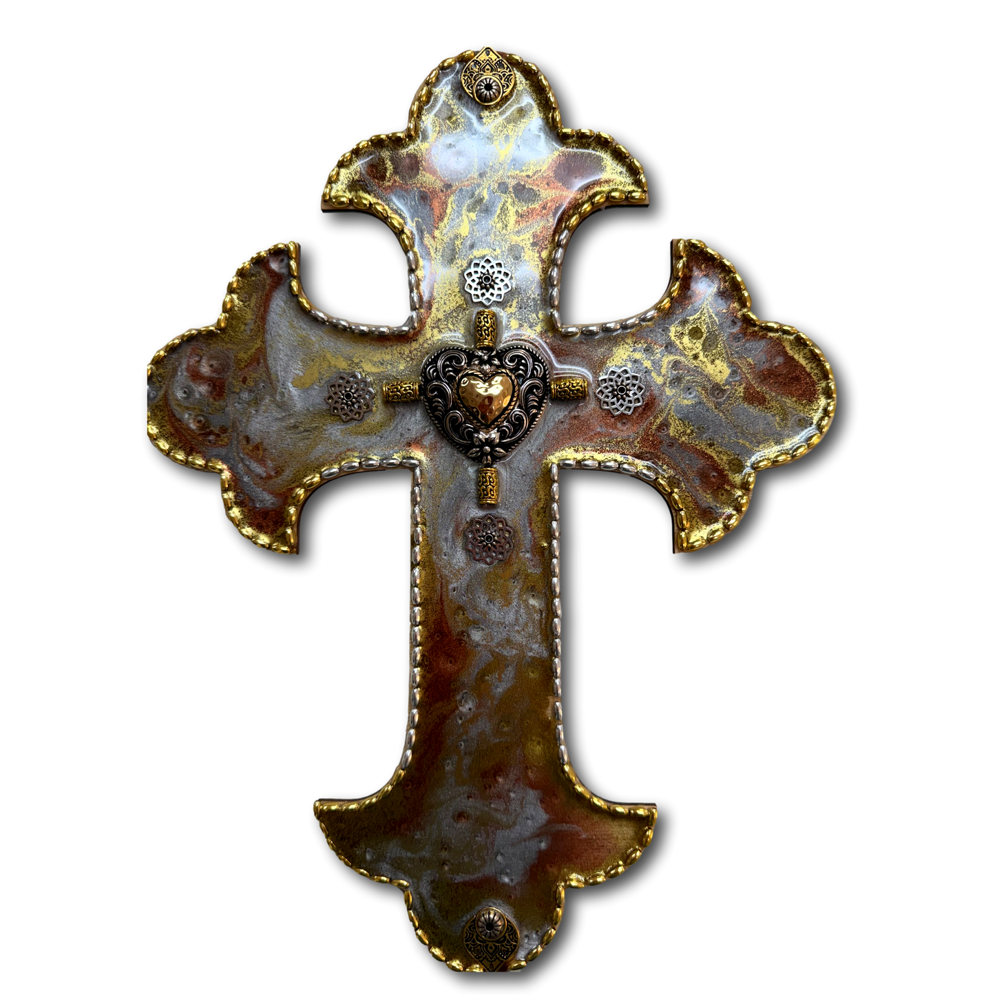 Gold, silver, and rust heart cross made of resin on wood, Catholic Christian gift featuring a detailed cross design.
