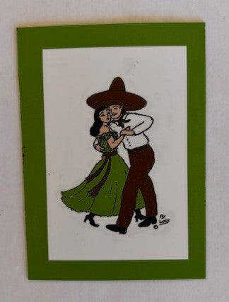 Colorful Mexican dancers magnet featuring a green couple in traditional attire, 2.5 x 3.5 inches, by Miguel Martinez.