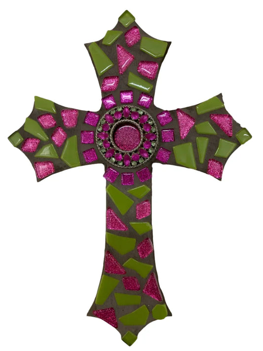 Green & Pink Mosaic Cross on Wood – Ornamental Center 10" x 7" - Ysleta Mission Gift Shop