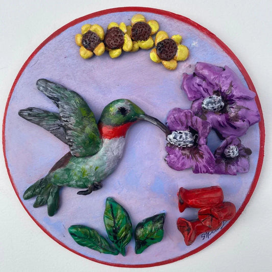 Hand-Painted Hummingbird & Flowers Circle Wood Art – Nature-Inspired Home Decor - Ysleta Mission Gift Shop