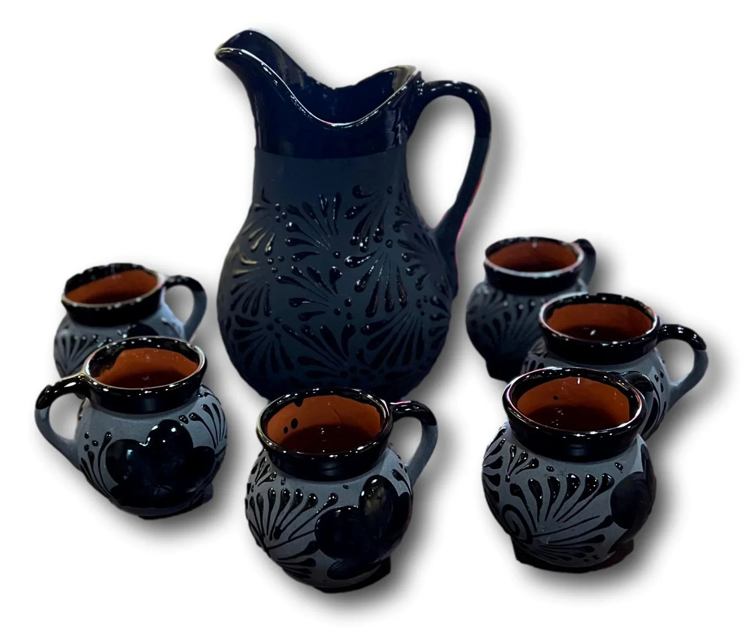 Handcrafted Black Pitcher with 6 Matching Cups – Made in Mexico - Ysleta Mission Gift Shop