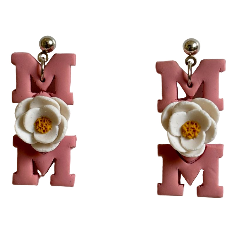 Handcrafted Clay Floral MOM Dangle Earrings, stainless steel ball stud posts, 0.5 in W x 1.25 in L - Ysleta Mission Gift Shop