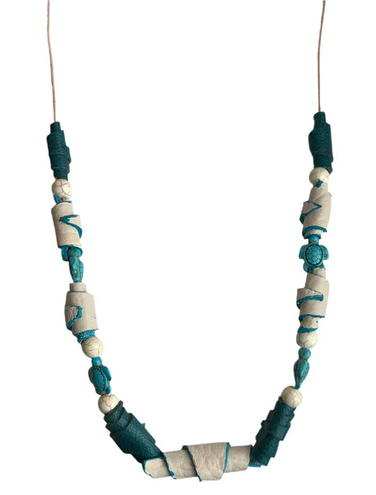 Handcrafted Leather Necklace- Turquoise Turtle Beads- White Leather Cord- 15" or 10" Length" - Ysleta Mission Gift Shop