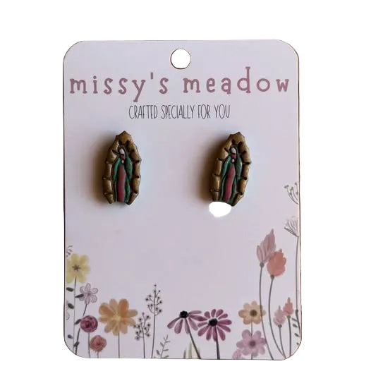Handcrafted Our Lady of Guadalupe polymer clay stud earrings with stainless steel posts, devotional jewelry by Melissa Cortinas.