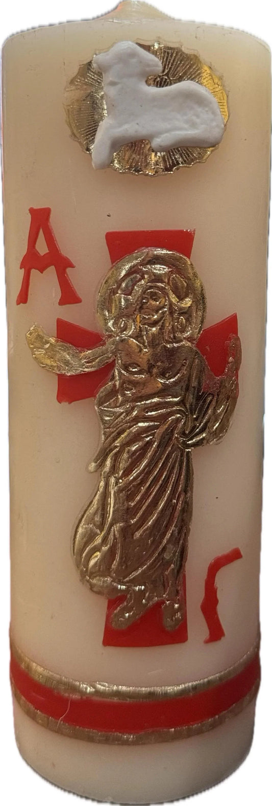 Handcrafted Paschal Candle with Risen Jesus 2D – Beeswax & Paraffin Easter Symbol | Cirio Pascual Hecho a Mano con Jesús Resucitado – Símbolo de Pascua en Cera de Abeja y Parafina H8x3 - Ysleta Mission Gift Shop