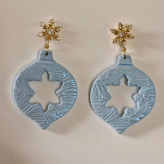 Handcrafted polymer clay ornament dangle earrings with cubic zirconia snowflake and 18K gold plated brass
