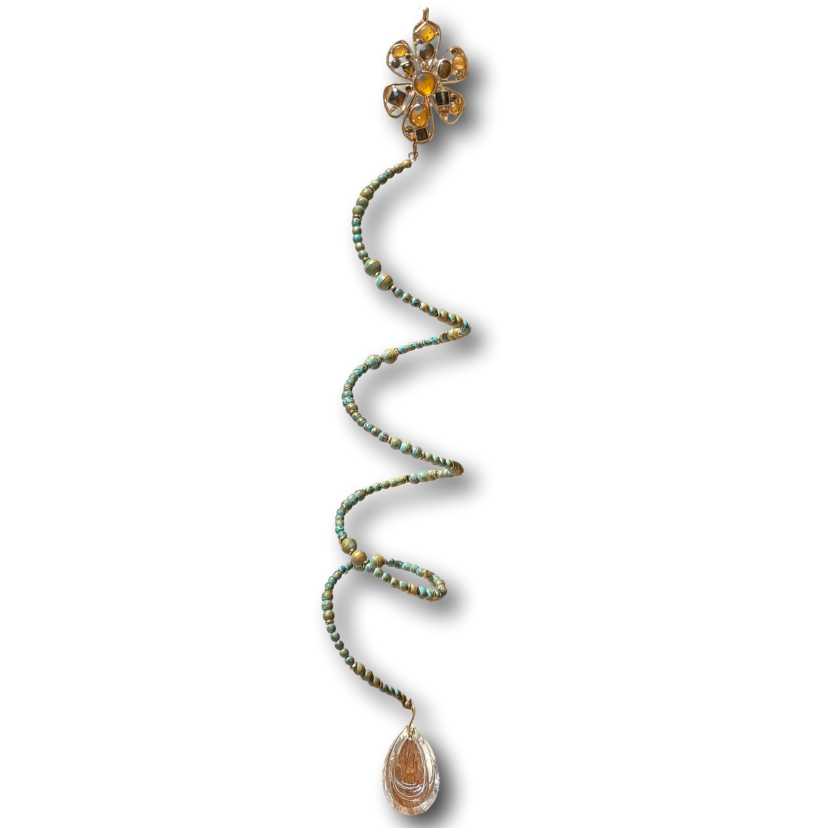 Handmade 16-inch spiral suncatcher with turquoise copper patina flower, pearlized beads, and crystal teardrop rainbow prism.
