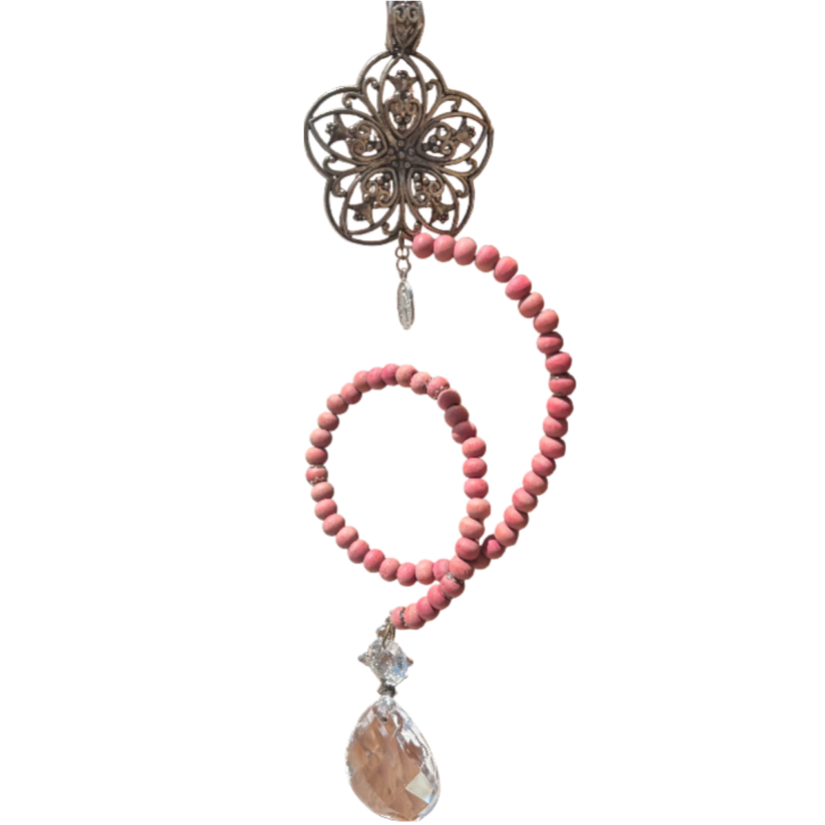 Handmade 18-inch rosewood beaded suncatcher with metal flower accent and faceted crystal teardrop rainbow prism.