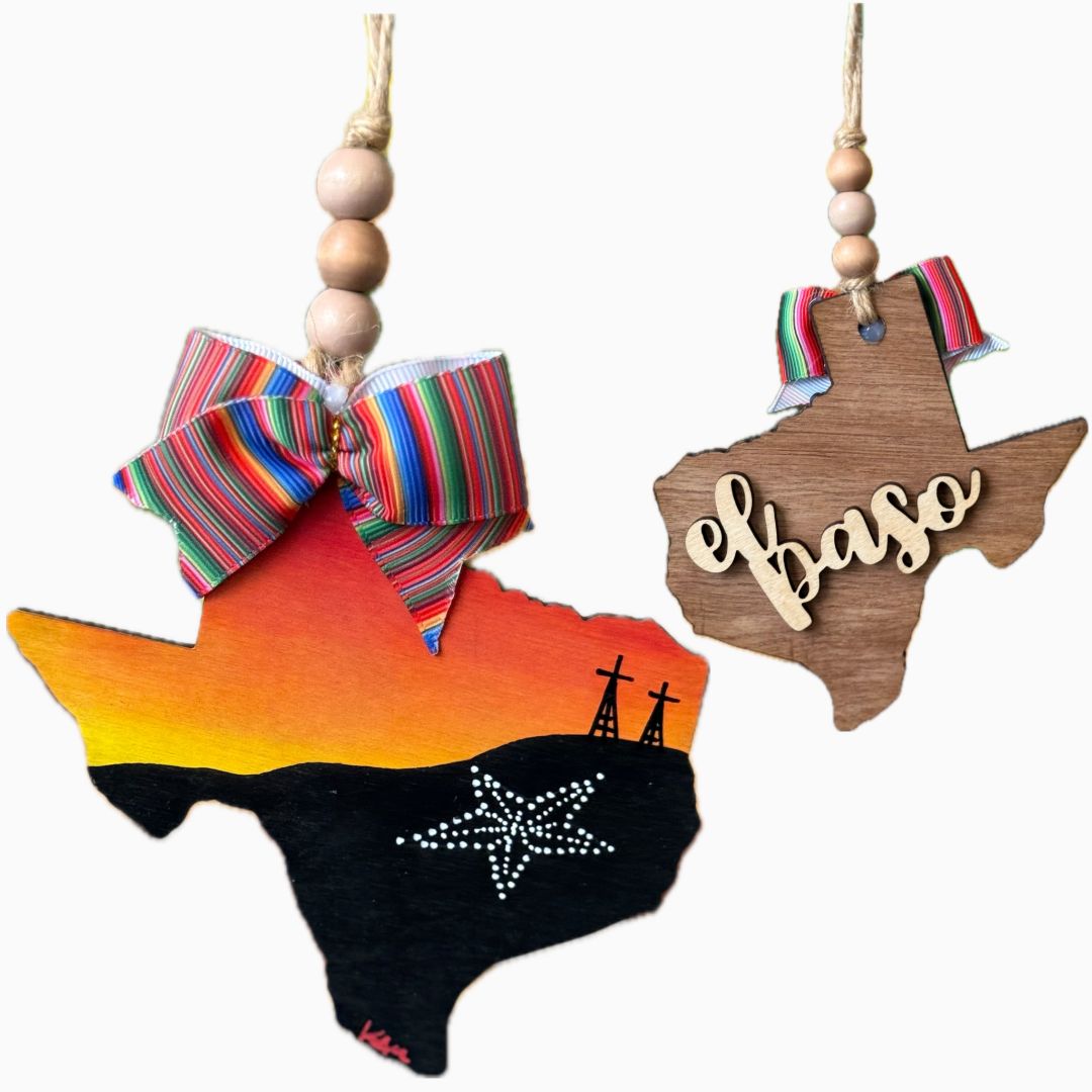 Handpainted Orange El Paso Sunset Rearview Mirror Charm – Serape Ribbon & Iconic Star