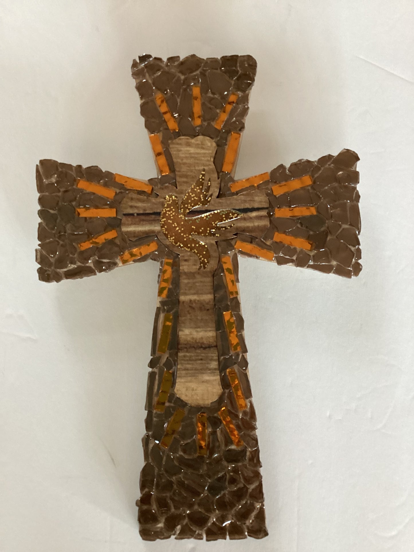 Holy Spirit glass cross wall décor by Brigitte Rosson, 12 x 11 inches, Catholic Christian gift with elegant glass design.
