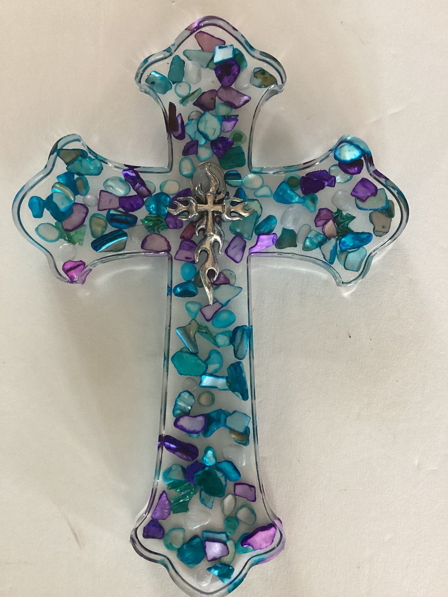 Resin Catholic cross with stone inlay and silver accents, 9x6 inches, Christian gift by Brigitte Rosson.