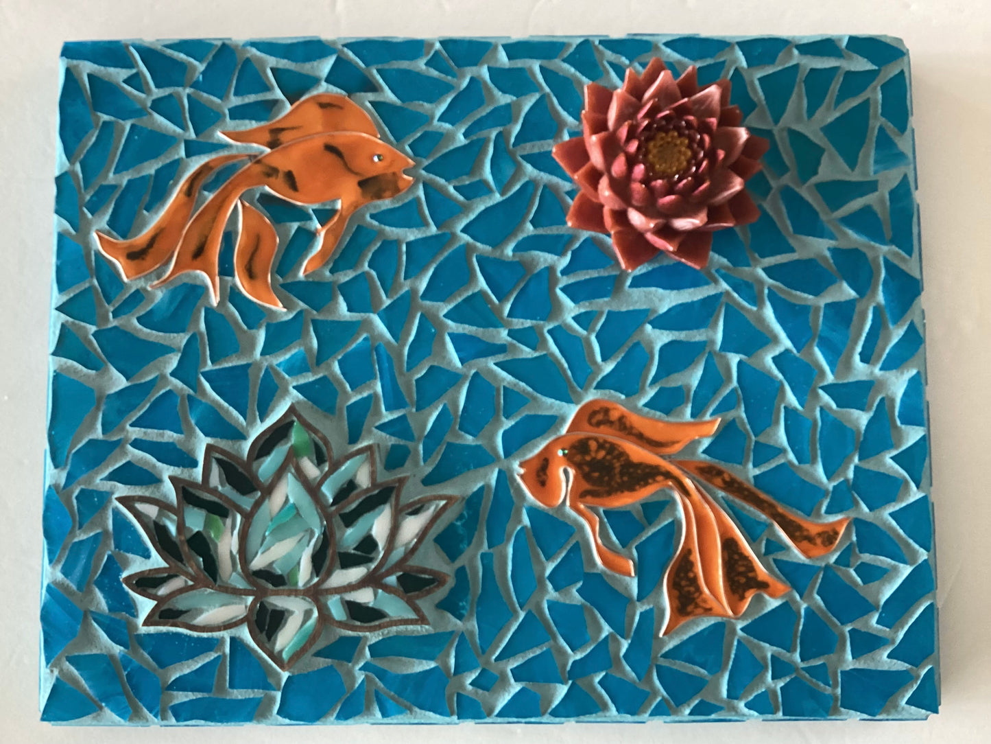 Koi mosaic wall cross with lotus flowers by Brigitte Rosson, decorative home plaque, 14 x 11 inches, vibrant ceramic design