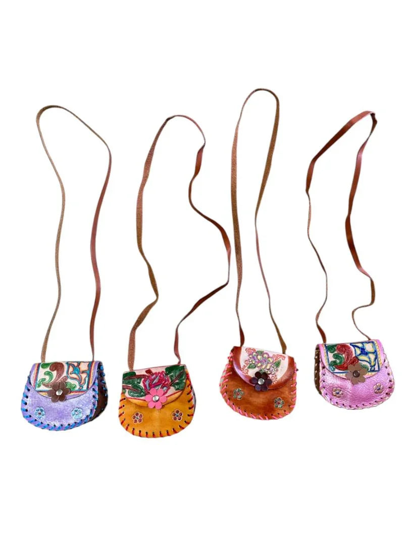 Mini Hand-Tooled Leather Bag – 4" x 4.5" Floral Design Assorted - Ysleta Mission Gift Shop