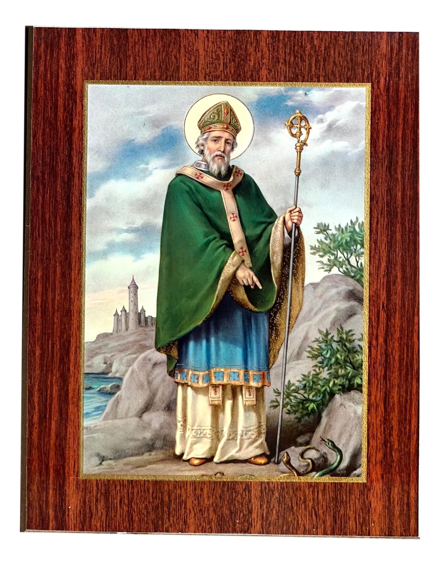 Saint Patrick Wood Plaque – Handcrafted Religious Art 9" x 7" - Ysleta Mission Gift Shop