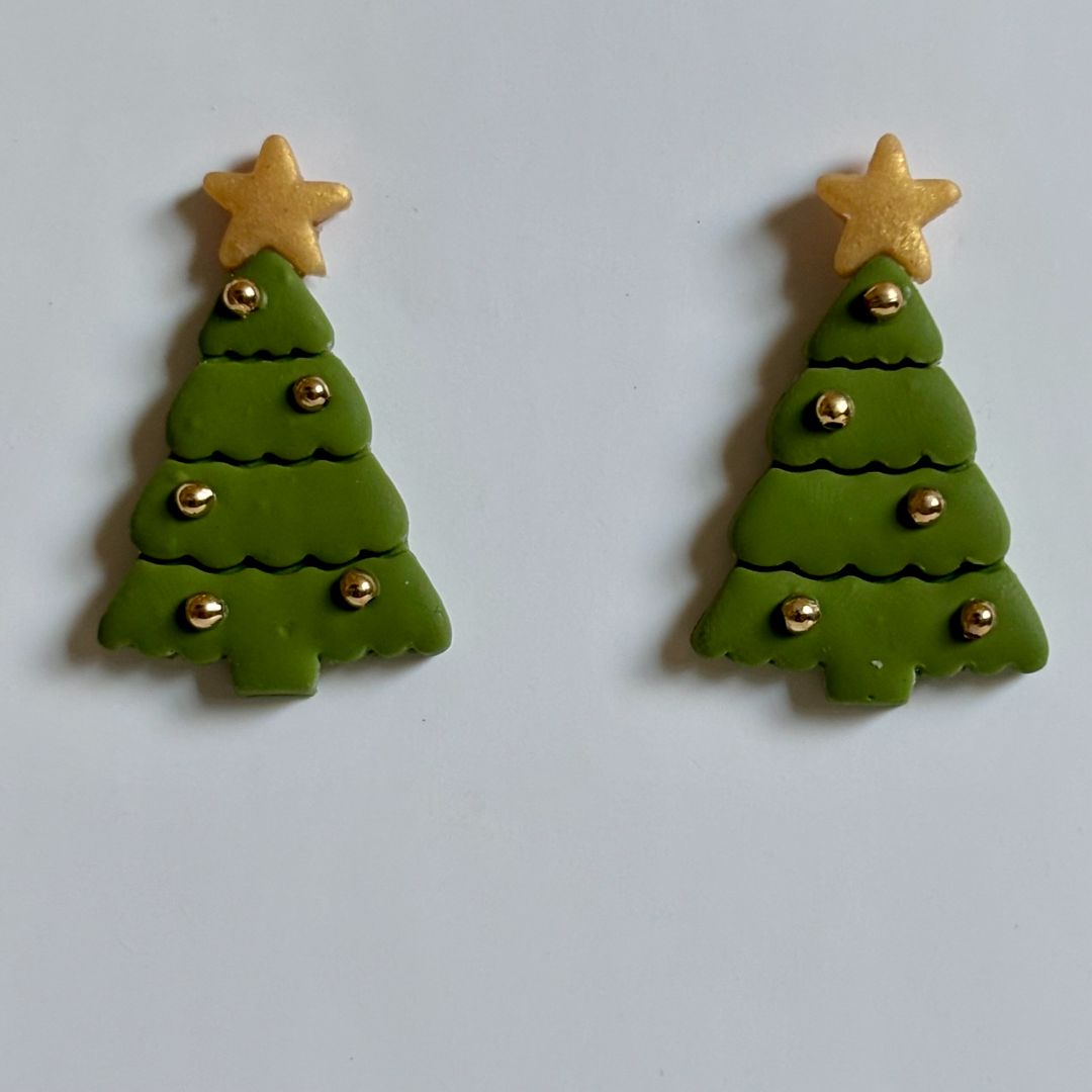 Polymer Clay Christmas Tree Stud Earrings, Gold Plated Posts