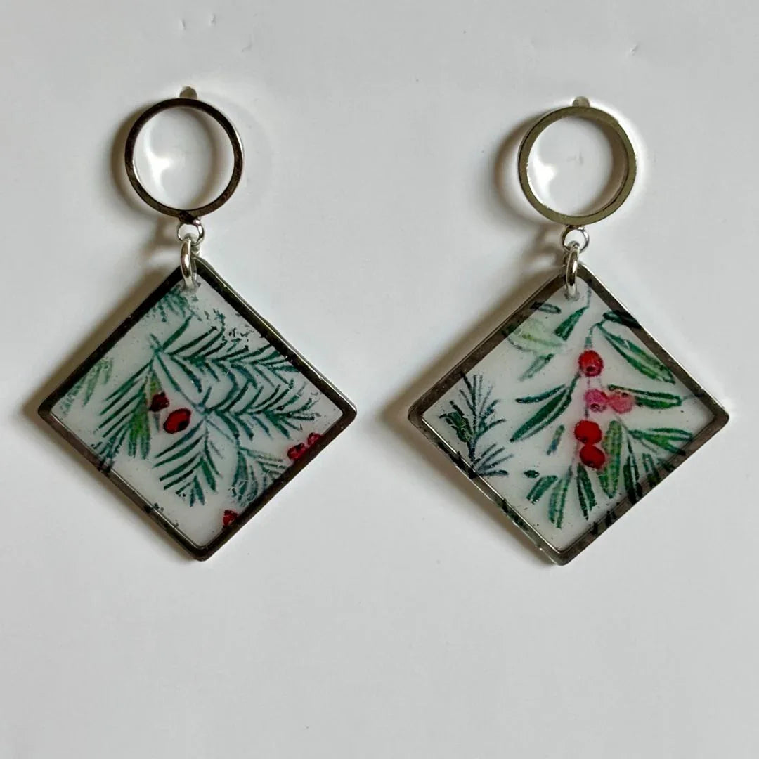 Resin Christmas holly dangle earrings