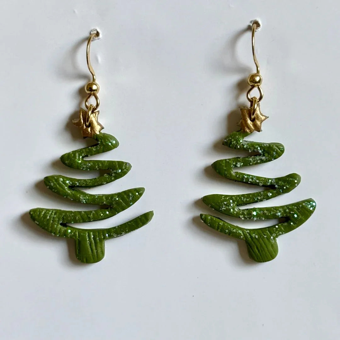 Glitter Christmas tree polymer clay dangle earrings