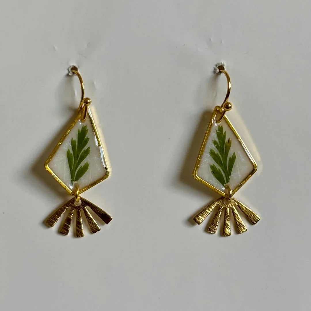 Pressed leaf resin dangle earrings with fan pendant