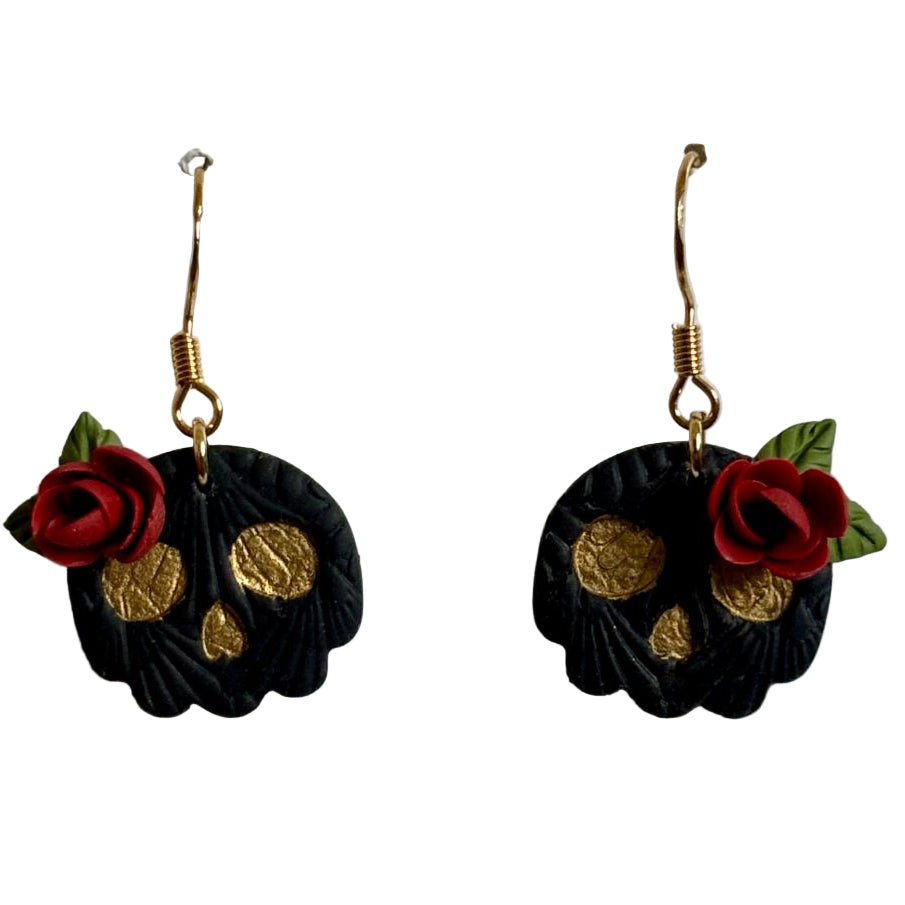 Handcrafted Clay Dia de Los Muertos Floral Skull Dangle Earrings, 18k gold plated stainless steel hooks, 1 in W x 1.5 in L - Ysleta Mission Gift Shop